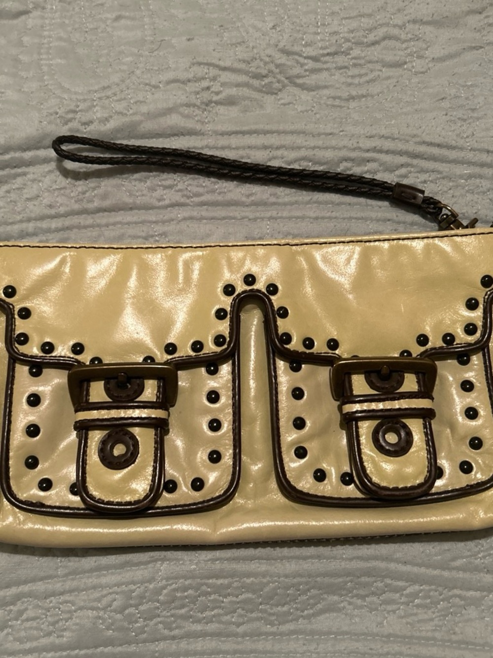 Kate Landry Green Wristlet Clutch with Brown Trim and Studs